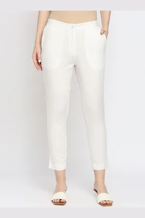 Ethnicity Women Off White Regular Fit Cotton Cigarette Trousers