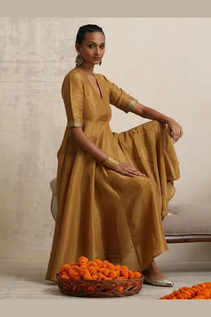 trueBrowns Round Neck Empire Tissue Anarkali Kurta with Trousers