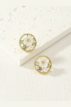 Krelin Gold-Plated Floral Pearl Stone-Studded Stud Earrings