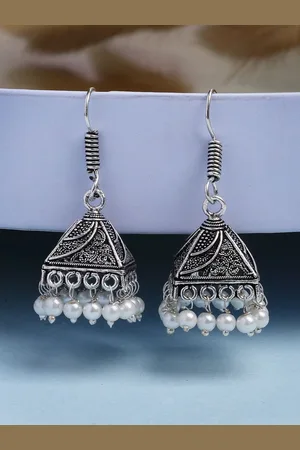 NVR Women Oxidised Silver Plated White Artificial Beads Jhumka Earrings