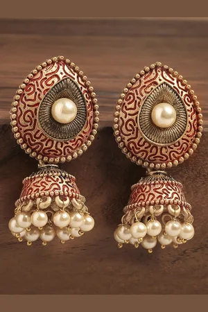 OOMPH Women Red Gold-Plated Meenakari Enamel Teardrop Shape Pearl Jhumkas Earrings