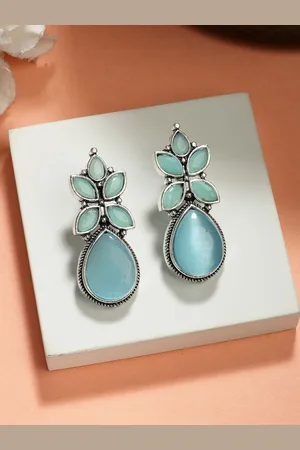 NVR Women Blue Artificial Stones Silver Plated Drop Earrings
