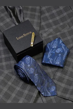 LOUIS STITCH Men Royal Blue Italian Silk Necktie Accessory Gift Set
