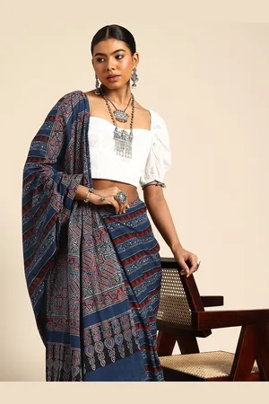Taavi Ajrakh Hand Block Printed Saree with Zari Border