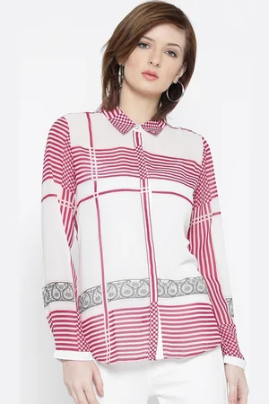 MADAME Women Off-White & Magenta Tailored Fit Striped Casual Shirt