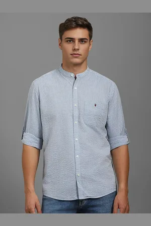 Louis Philippe Men Band Collar Vertical Striped Cotton Casual Shirt