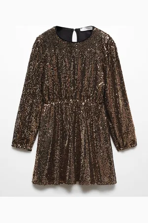 MANGO Girls Sequinned Embellished Puff Sleeves Fit & Flare Dress
