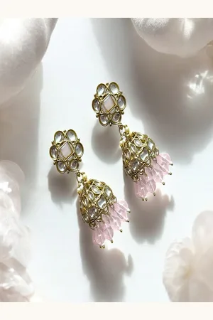 AccessHer Gold-Plated Stone Studded & Beaded Dome Shaped Jhumkas