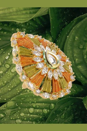 Anouk Gold Plated American Diamond & Kundan Stone Studded Meenakari Finger Ring