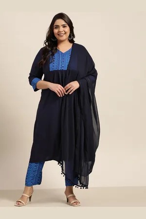 Sztori Women Plus Size Navy Blue Yoke Design EcoVero Kurta with Trousers & Dupatta