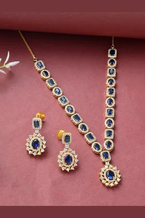 Voylla Gold-Plated Blue & White Cubic Zirconia Studded Jewellery Set
