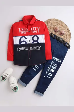 DKGF FASHION Boys Red & Navy Blue Printed Shirt With Trousers
