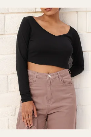 Roadster The Life Co. Classic Touch Long-Sleeves V-Neck Crop Top