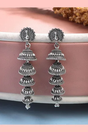 NVR Women Silver Plated Oxidised Peacock Design Layered Jhumka Earrings