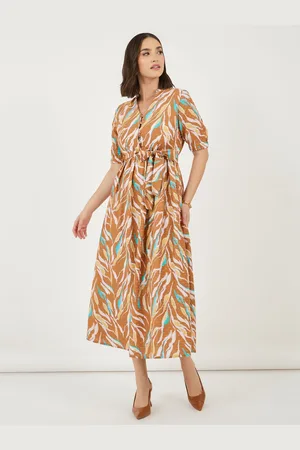 Styli Women V-Neck Printed Puff Sleeve Belted Cotton A-Line Maxi Dress