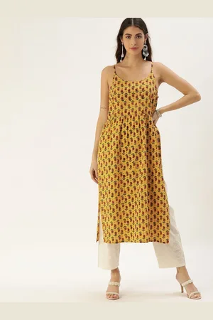 Taavi Women Mustard Yellow & Brown Cotton Ajrakh Hand Block Print Kurta with High Slit