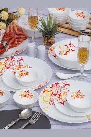 Cello Dazzle Set of 31 Microwave and Dishwasher Safe Yellow Scroll Opalware Dinner Set