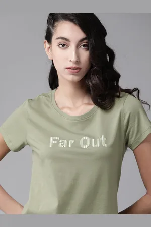Roadster The Lifestyle Co Women Green White Printed Round Neck Pure Cotton T-shirt