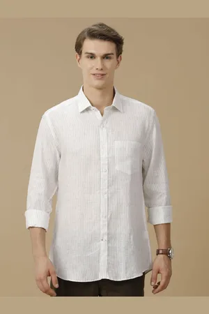 Linen Club Men Contemporary Spread Collar Vertical Striped Linen Slim Fit Casual Shirt