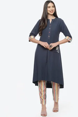 Biba Women Navy Blue & Beige Kurta with Trousers
