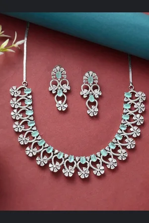 Voylla Silver-Plated Green & White CZ-Studded Jewellery Set