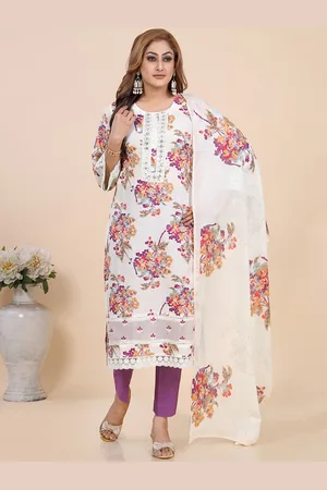 Amchoor Floral Printed Round Neck Thread Work Kurta with Trouser & Dupatta
