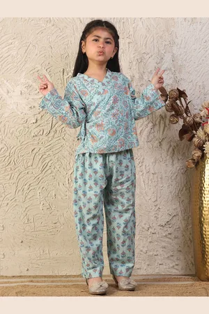 NEUDIS Girls Floral Printed Angrakha Pure Cotton Kurta with Trousers