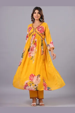 Amchoor Floral Printed Thread Work V-Neck Anarkali Kurta with Trousers & Dupatta