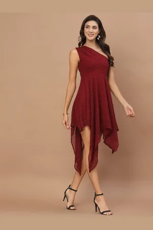 KASSUALLY Women Burgundy Georgette One Shoulder Fit & Flare Dress