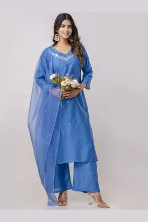 Kalini Floral Embroidered V-Neck Pure Silk Straight Kurta with Trousers & With Dupatta