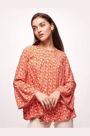 Bombay High Women Floral Print Vermilion Orange Bell Sleeve Tiered Top