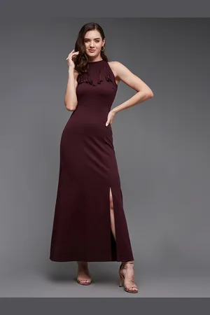 Miss Chase Women Fringed Halter Neck Sleeveless Solid Maxi Front Slit Dress