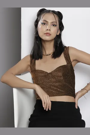 Sassafras Women Gold Embellished Sweetheart Neck Styled Back Crop Top