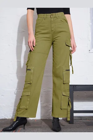 Sassafras Women Olive Green Straight Fit High-Rise Clean Look Pure Cotton Cargo Jeans