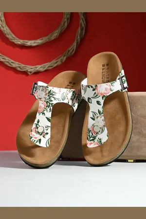 HERE&NOW Sea Green & Brown Printed T-Strap Flats With Buckles Detail