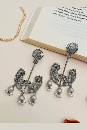 ABDESIGNS Silver-Plated Stone-Studded Contemporary Drop Earrings