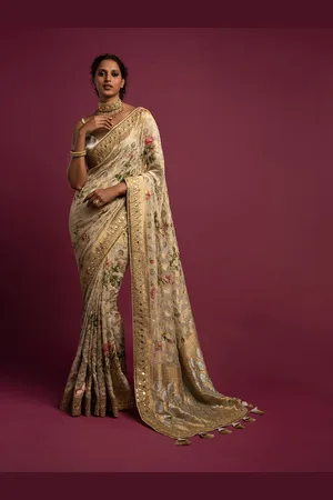 KALKI Fashion Floral Woven Design Embroidered Pure Georgette Saree