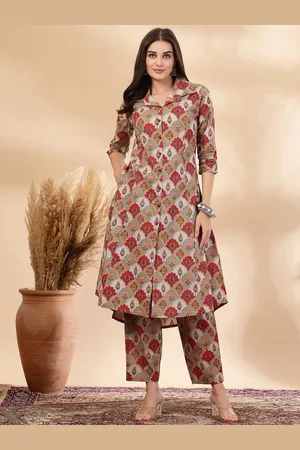 Pistaa Floral Printed Shirt Collar Pure Cotton High-Low A-Line Kurta With Trouser