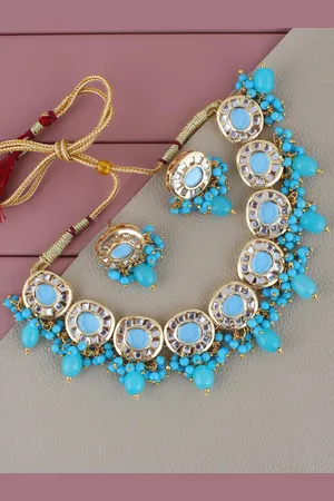 Lucky Jewellery Gold-Plated Kundan-Studded & Beaded Necklace and Earrings