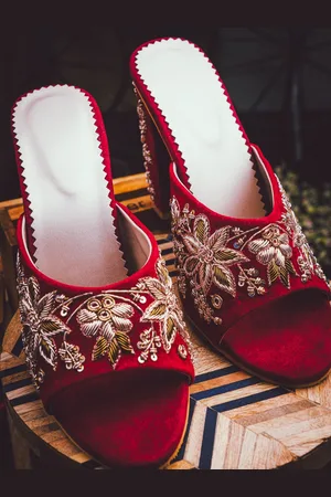 Nidhi Rathi Maroon Embroidered Velvet Block Heels