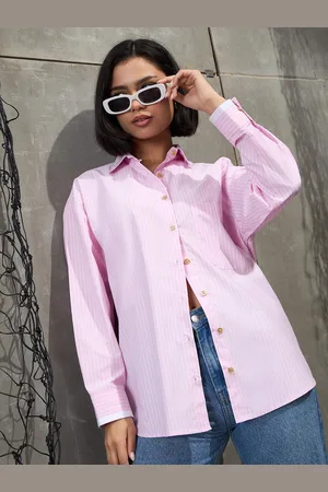 Sassafras Women Relaxed Oversized Fit Spread Collar Vertical Striped Casual Shirt
