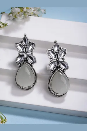 NVR Women White Artificial Stones Silver Plated Drop Earrings