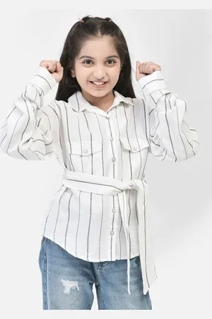 Crimsoune Club Girls Striped Waist Tie Ups Pure Cotton Shirt Style Top