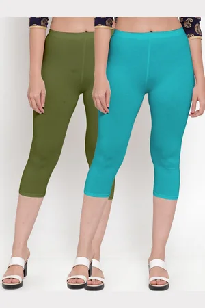 GRACIT Women Green & Turquoise Blue Set Of 2 Cotton Lycra Capris