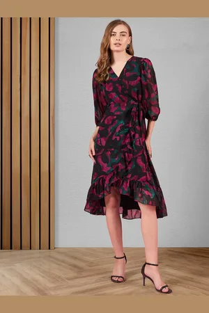 DressBerry Women Abstract Printed Puff Sleeve Warp Dress