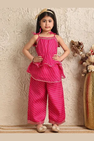 NEUDIS Girls Leheriya Printed Tiered Gotta Patti A-Line Kurta With Palazzos