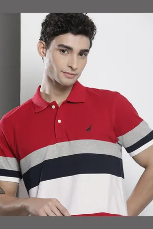 Nautica Men Red & Navy Blue Colourblocked Polo Collar Pure Cotton T-shirt