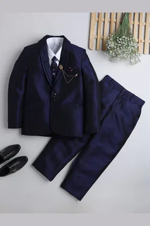 DKGF FASHION Boys Navy Blue Solid 4-Piece Single-Breasted Party wear Suit