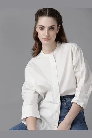 Roadster Women White Pure Cotton Solid Casual Shirt