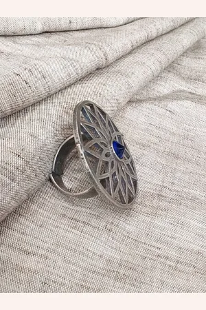 Molcha Artificial Stones Studded Oxidised Adjustable Finger Ring